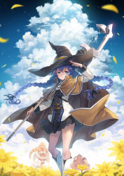 Rule 34 | 1boy, 2girls, arm up, black dress, black headwear, black ribbon, blue eyes, blue hair, blue sky, braid, brown capelet, brown cloak, capelet, cloak, cloud, cloudy sky, commentary request, day, dress, elinalise dragonroad, feet out of frame, flower, hagure keg, hair between eyes, hair ribbon, hat, highres, holding, holding staff, jacket, kneebar, long hair, long sleeves, low twintails, multiple girls, mushoku tensei, outdoors, petals, ribbon, roxy migurdia, sky, solo focus, staff, talhand, twin braids, twintails, very long hair, white footwear, white jacket, witch hat, yellow flower