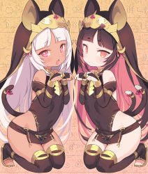 Rule 34 | 2girls, animal ears, bare shoulders, black dress, black gloves, black hair, black legwear, blade (galaxist), bridal gauntlets, cat ears, cat girl, cat tail, character request, closed mouth, commentary request, covered navel, dark-skinned female, dark skin, dress, egyptian, fingerless gloves, gloves, hands up, kneeling, long hair, looking at viewer, multicolored hair, multiple girls, multiple tails, nekoyama nae, open mouth, paw pose, pink hair, short eyebrows, single glove, sleeveless, sleeveless dress, tail, thick eyebrows, toeless legwear, toranoana, two-tone hair, two tails, very long hair, virtual youtuber, white hair