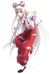 Rule 34 | 1girl, ato shen, bad id, bad pixiv id, bow, female focus, fujiwara no mokou, full body, hair bow, long hair, pointing, pointing up, red eyes, ribbon, silver hair, simple background, solo, suspenders, touhou, very long hair, white background