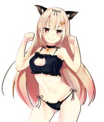 Rule 34 | 10s, 1girl, animal ears, bare shoulders, bell, bikini, blonde hair, blush, breasts, cat cutout, cat ears, cat lingerie, choker, cleavage cutout, clothing cutout, collar, contrapposto, hair ornament, hair ribbon, hairclip, jingle bell, kantai collection, long hair, looking at viewer, meme attire, navel, neck bell, panties, paw pose, red eyes, ribbon, side-tie panties, simple background, smile, smug, solo, standing, swimsuit, thighs, unajuu, unajuu (set mk), underwear, white background, yuudachi (kancolle), yuudachi kai ni (kancolle)
