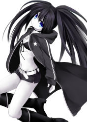 Rule 34 | 10s, 1girl, bad id, bad pixiv id, bikini, bikini top only, black hair, black rock shooter, black rock shooter (character), blue eyes, boots, coat, etou (cherry7), flat chest, long hair, scar, shorts, simple background, solo, swimsuit, twintails, white background