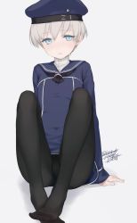 Rule 34 | 10s, 1girl, alternate legwear, androgynous, black pantyhose, blue eyes, flat chest, gusset, hat, kantai collection, no shoes, pantyhose, rokuwata tomoe, short hair, silver hair, simple background, sitting, solo, z1 leberecht maass (kancolle)