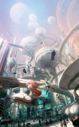 Rule 34 | 1girl, 2boys, commentary, crowd, dress, flying, highres, moon, multiple boys, pink hair, red dress, saitou shunsuke, scenery, science fiction, sky, spacecraft, star (sky), starry sky