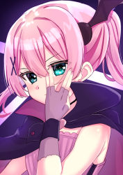 Rule 34 | 1girl, absurdres, ao (flowerclasse), black cape, cape, chiyoda momo, closed mouth, commentary request, fingerless gloves, gloves, green eyes, grey gloves, hair between eyes, hair ornament, hand up, heart, highres, long hair, looking at viewer, machikado mazoku, nail polish, pink hair, pink nails, ponytail, solo, upper body