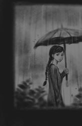 Rule 34 | 1girl, arm at side, arm up, clenched hand, closed mouth, gohpot, greyscale, highres, long hair, long sleeves, looking at viewer, monochrome, monochrome, original, ponytail, rain, signature, solo, umbrella, water
