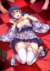 Rule 34 | 10s, 1girl, blue hair, breasts, breasts out, checkered floor, hand on own chest, highres, japanese clothes, kimono, long hair, love live!, love live! school idol project, lying, medium breasts, microphone, nipples, on back, open clothes, open kimono, open mouth, panties, panty pull, saliva, saliva trail, sandals, side-tie panties, solo focus, sonoda umi, sweat, thighhighs, tongue, underwear, windart, yellow eyes