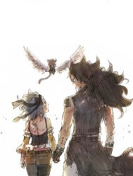 Rule 34 | 1boy, 1girl, black hair, blue hair, cat, couple, eye contact, fairy tail, gajeel redfox, holding hands, hetero, highres, levy mcgarden, looking at another, pantherlily, rusky, spiked hair, tattoo, wings