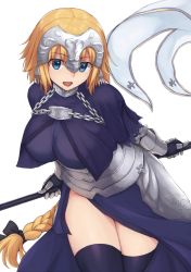 Rule 34 | 1girl, armor, black ribbon, black thighhighs, blonde hair, blue eyes, braid, breasts, capelet, chain, cold (hoshinoskull), commentary request, cowboy shot, fate/apocrypha, fate/grand order, fate (series), faulds, flag, gauntlets, hair ribbon, headpiece, highres, jeanne d&#039;arc (fate), jeanne d&#039;arc (ruler) (fate), large breasts, leaning forward, long braid, long hair, open mouth, ribbon, simple background, single braid, solo, standing, thighhighs, thighs, tress ribbon, very long hair, white background