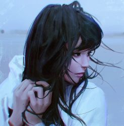 Rule 34 | 1girl, black eyes, black hair, chromatic aberration, closed mouth, commentary, empty eyes, guweiz, ilya kuvshinov (style), lips, looking afar, mioto hanazawa, nose, original, own hands together, photo-referenced, portrait, real life, realistic, solo, sweater, upper body, white sweater