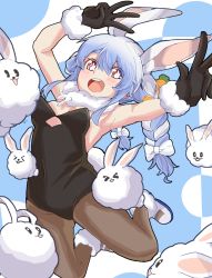 Rule 34 | &gt; &lt;, :d, :o, absurdres, animal ears, armpits, arms up, bare shoulders, black gloves, black leotard, black pantyhose, blue background, blue hair, blush, boots, bow, breasts, carrot, carrot hair ornament, chinese commentary, commentary, don-chan (usada pekora), eat some cookie, food-themed hair ornament, full body, fur-trimmed boots, fur-trimmed gloves, fur trim, gloves, gradient hair, hair between eyes, hair bow, hair ornament, highres, hikimayu, hololive, jumping, leotard, looking at viewer, multicolored hair, open mouth, pantyhose, pekomon (usada pekora), rabbit ears, rabbit girl, rabbit tail, short eyebrows, small breasts, smile, symbol-shaped pupils, thick eyebrows, two-tone hair, usada pekora, usada pekora (1st costume), virtual youtuber, white background, white bow, white footwear, white hair, xd, yellow eyes