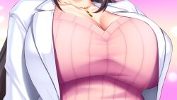 Rule 34 | 1girl, anza tomo, boku to sensei no nyuuin seikatsu, breast focus, breasts, brown hair, cleavage, female focus, game cg, gradient background, head out of frame, isami moe, jewelry, lab coat, large breasts, necklace, original, simple background, solo, upper body