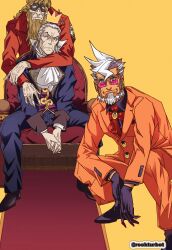 Rule 34 | 3boys, ace attorney, ace attorney investigations, ace attorney investigations 2, artist name, ascot, beard, black gloves, bow, brown hair, chair, crown, damon gant, facial hair, frown, glasses, gloves, goggles, grey hair, highres, ichiyanagi bansai, jacket, long sleeves, manfred von karma, multicolored hair, multiple boys, old, old man, orange pants, orange suit, own hands together, pants, red bow, red jacket, rockturbot, sitting, squatting, tan, trait connection, two-tone hair, white ascot, white hair, yellow background