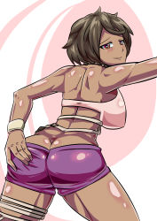 Rule 34 | 1girl, absurdres, ass, ass grab, bare shoulders, blush, breasts, brown eyes, brown hair, butt crack, creatures (company), dark-skinned female, dark skin, deep skin, female focus, from behind, game freak, highres, large breasts, looking at viewer, nintendo, olivia (pokemon), pokemon, pokemon sm, shiny clothes, shiny skin, short hair, sideboob, smile, solo, spline, tank top, thigh strap