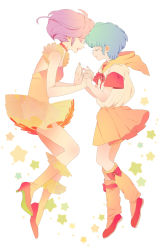 Rule 34 | 2girls, bare arms, blue hair, bow, breasts, choker, closed mouth, commentary request, creamy mami, dress, drill hair, dual persona, closed eyes, forehead-to-forehead, from side, full body, heads together, high heels, highres, holding hands, hood, hood down, hoodie, interlocked fingers, k-mica, kneehighs, lips, magical girl, mahou no tenshi creamy mami, morisawa yuu, multiple girls, orange dress, orange legwear, orange skirt, profile, purple hair, red bow, red choker, red footwear, short hair, short sleeves, skirt, small breasts, socks, star (symbol), tutu, white background