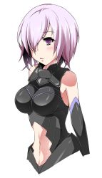 Rule 34 | 1girl, absurdres, armor, armored dress, bare shoulders, blush, breasts, fate/grand order, fate (series), hair over one eye, highres, large breasts, mash kyrielight, navel, open mouth, purple eyes, purple hair, short hair, simple background, solo, ukyou shiranui, white background
