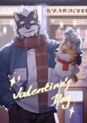 Rule 34 | 1boy, 9x8bit, absurdres, animal ears, bara, button eyes, buttons, commentary, crane game, fangs, grey fur, hand in pocket, happy valentine, heart, highres, lock, male focus, one eye closed, original, paw print, scarf, smile, stuffed animal, stuffed toy, symbol-only commentary, tag, valentine, winter clothes, wolf boy, wolf ears