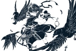 Rule 34 | 1boy, belt, bird, crow, dual wielding, facial mark, feathers, fingerless gloves, full body, gloves, hands up, highres, holding, kunai, looking to the side, male focus, monochrome, o-ring, original, pointy ears, sandals, scroll, shiharu1115, short hair, short sleeves, socks, solo, standing, standing on one leg, symbol-shaped pupils, triangle-shaped pupils, weapon
