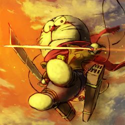 Rule 34 | 1boy, bell, cable, cloud, cosplay, crossover, doraemon, doraemon (character), dual wielding, full body, gradient background, holding, ichinoniwa, jacket, jingle bell, male focus, mikasa ackerman, mikasa ackerman (cosplay), outdoors, scarf, serious, shingeki no kyojin, sky, solo, sword, tail, thigh strap, three-dimensional maneuver gear, twilight, weapon