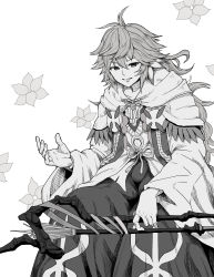 Rule 34 | 1boy, collarbone, commentary request, fate/grand order, fate (series), flower (symbol), greyscale, grin, hair between eyes, highres, holding, holding staff, hood, hoodie, kusama takato, long hair, long sleeves, looking at viewer, male focus, merlin (fate), monochrome, sidelocks, sitting, smile, solo, staff, v-shaped eyebrows, wide sleeves
