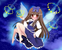 Rule 34 | 1girl, arm up, armband, aura, barefoot, blush, bow, brown hair, cloud, comet, dress, fairy wings, floating, hair bow, hand on own hip, lefty 2628, long hair, long sleeves, looking at viewer, open hand, red eyes, sky, smile, solo, star (sky), star (symbol), star sapphire, starry sky, touhou, very long hair, wings