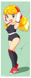 Rule 34 | 1girl, armpits, arms up, bad id, bad pixiv id, blonde hair, blue eyes, border, breasts, call (mighty no. 9), call h, dress, elbow gloves, flats, full body, gloves, highres, kneehighs, low twintails, mighty no. 9, pepipopo, robot ears, scarf, short dress, small breasts, smile, socks, solo, twintails, white gloves