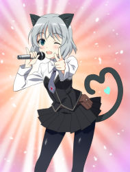 Rule 34 | 1girl, ;d, animal ears, black pantyhose, blush, cat ears, cat tail, green eyes, grey hair, heart, heart tail, kyogoku shin, microphone, one eye closed, open mouth, pantyhose, pointing, pointing at viewer, sanya v. litvyak, short hair, skirt, smile, solo, strike witches, tail, wink, world witches series