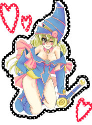 Rule 34 | 1girl, bad id, bad pixiv id, bare shoulders, blonde hair, blue footwear, blush, boots, breasts, choker, dark magician girl, detached sleeves, duel monster, hat, helm, helmet, kuchibashi, long hair, lowres, magical girl, pentacle, skirt, solo, staff, witch hat, wizard hat, yu-gi-oh!, yu-gi-oh! duel monsters