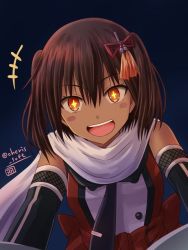 Rule 34 | + +, 1girl, :d, black gloves, brown eyes, brown hair, commentary, dark-skinned female, dark skin, elbow gloves, from below, gloves, hair ornament, haura akitoshi, kantai collection, looking at viewer, night battle idiot, one-hour drawing challenge, open mouth, scarf, school uniform, sendai (kancolle), sendai kai ni (kancolle), serafuku, short hair, smile, solo, twitter username, two side up, white scarf