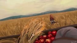 Rule 34 | 1girl, animal ears, apple, artist name, brown hair, day, dutch angle, facing away, field, food, fruit, highres, holo, outdoors, scenery, solo, spice and wolf, standing, teavian17, wagon, wheat field