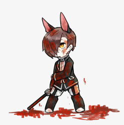 Rule 34 | 1boy, animal ears, black jacket, black socks, blood, blood in hair, blood on clothes, blood on face, brown hair, closed mouth, commentary request, dog ears, full body, garter straps, hair over one eye, hand on own arm, harvest fes, jacket, librarian (project moon), library of ruina, long sleeves, male focus, project moon, shirt, short hair, shorts, simple background, socks, solo, white background, white footwear, white shirt, white shorts, yellow eyes