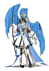 Rule 34 | 2girls, asymmetrical footwear, barefoot, bird wings, black dress, black eyes, black footwear, black hair, black nails, blue dress, blue eyes, blue hair, blue wings, boots, closed mouth, dee (tannsumi), dress, feathered wings, fingernails, heart, highres, key, knee boots, like and retweet, long hair, mismatched footwear, multicolored hair, multiple girls, nail polish, open mouth, original, personification, puffy short sleeves, puffy sleeves, short hair, short sleeves, simple background, twitter, two-tone hair, white background, white dress, white footwear, white hair, winged arms, wings