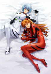 Rule 34 | 2girls, ayanami rei, blue eyes, blue hair, breasts, elise trinh, impossible clothes, long hair, medium breasts, multiple girls, neon genesis evangelion, on bed, plugsuit, red eyes, small breasts, souryuu asuka langley, two side up, x-chan-