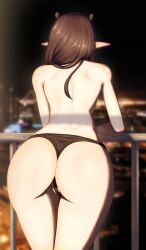 Rule 34 | 1girl, absurdres, ass, back, black hair, black panties, blurry, blurry background, butt crack, cityscape, commentary, cowboy shot, depth of field, english commentary, freyan, from behind, guard rail, highres, hololive, hololive english, long hair, night, night sky, ninomae ina&#039;nis, no pants, panties, pointy ears, pussy, pussy peek, sky, solo, topless, underwear, underwear only, virtual youtuber