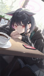 Rule 34 | 1girl, absurdres, arm rest, black choker, black hair, black jacket, black pantyhose, blue archive, blush, cellphone, choker, coffee, coffee cup, colored inner hair, cup, disposable cup, enokinoko1010, halo, highres, hood, hooded jacket, indoors, jacket, kazusa (blue archive), leaning forward, looking at viewer, multicolored hair, pantyhose, phone, pink hair, pleated skirt, red eyes, saucer, school uniform, short hair, sitting, skirt, smile, solo, two-tone hair