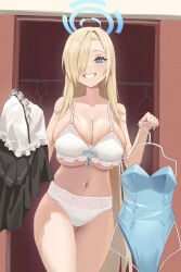 Rule 34 | 1girl, absurdres, alternate hair color, asuna (blue archive), asymmetrical bangs, bare shoulders, blonde hair, blue archive, blue eyes, blue halo, bow, bow bra, bra, breasts, cleavage, closet, clothes hanger, collarbone, contrapposto, cowboy shot, grin, hair intakes, hair over one eye, halo, highres, holding, holding clothes, holding leotard, huge breasts, lace, lace-trimmed bra, lace trim, large breasts, leaning forward, long hair, looking at viewer, navel, panties, shiny skin, skindentation, smile, solo, thigh gap, thighs, toska loka, underboob, undersized breast cup, undersized clothes, underwear, very long hair, white bra, white panties