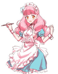Rule 34 | 1girl, :d, aikatsu! (series), aikatsu friends!, alternate costume, apron, blue bow, blunt bangs, blush, bow, breasts, clipboard, collar, cropped legs, detached collar, drill hair, enmaided, frilled apron, frilled hairband, frills, gradient hair, hair bow, hair over shoulder, hairband, holding, holding clipboard, holding pen, large breasts, long hair, looking at viewer, maid, maid headdress, multicolored hair, neckerchief, open mouth, orange hair, pen, pink hair, puffy short sleeves, puffy sleeves, sbs, short sleeves, sideboob, sideways glance, simple background, sketch, smile, solo, waist bow, white apron, white background, white collar, white neckerchief, white wrist cuffs, wrist cuffs, yuki aine
