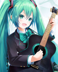 Rule 34 | blush, green eyes, green hair, guitar, happy, hatsune miku, long hair, twintails, uniform, vocaloid