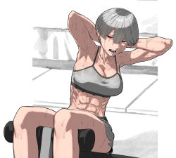 Rule 34 | 1girl, abs, armpits, arms behind head, blunt bangs, bowl cut, breasts, center-flap bangs, cleavage, collarbone, exercising, exercise machine, feet out of frame, grey hair, grey sports bra, gym shorts, half-closed eyes, highres, large breasts, midriff, open mouth, original, red eyes, rggr, short hair, shorts, sit-up, sports bra, sportswear, sweat, teeth, toned