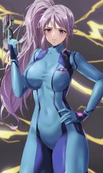Rule 34 | 1girl, amayo thranana, bodysuit, breasts, commission, commissioner upload, cosplay, covered navel, expressionless, fire emblem, fire emblem: genealogy of the holy war, gun, hand on own hip, highres, holding, holding gun, holding weapon, ishtar (fire emblem), large breasts, long hair, looking at viewer, metroid, nintendo, ponytail, purple eyes, purple hair, samus aran, samus aran (cosplay), skeb commission, solo, standing, weapon, zero suit