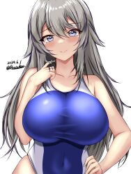 Rule 34 | 1girl, ahoge, blue one-piece swimsuit, blush, breasts, competition swimsuit, covered navel, dated, grey eyes, grey hair, highres, kantai collection, large breasts, long hair, looking at viewer, montemasa, multicolored clothes, multicolored swimsuit, one-hour drawing challenge, one-piece swimsuit, simple background, smile, solo, swimsuit, twitter username, two-tone swimsuit, upper body, washington (kancolle), white background