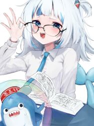Rule 34 | 1girl, adjusting eyewear, alternate costume, bespectacled, black-framed eyewear, bloop (gawr gura), blue eyes, blue hair, blue necktie, blush, breasts, collared shirt, fins, fish tail, gawr gura, glasses, hololive, hololive english, looking at viewer, medium breasts, necktie, open mouth, ppp33am, shark girl, shark tail, sharp teeth, shirt, smile, solo, tail, teeth, virtual youtuber, white hair, white shirt