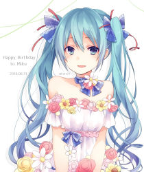 Rule 34 | 1girl, :d, bare shoulders, blue bow, blush, bow, breasts, character name, collarbone, commentary request, dated, dress, flower, green eyes, green hair, hair between eyes, hair bow, hair ribbon, happy birthday, hatsune miku, kuroi (liar-player), long hair, looking at viewer, multicolored eyes, open mouth, pink flower, pink rose, purple eyes, red flower, red ribbon, red rose, ribbon, rose, sidelocks, simple background, small breasts, smile, solo, strapless, strapless dress, twintails, twitter username, very long hair, vocaloid, white background, white dress, white flower, yellow flower