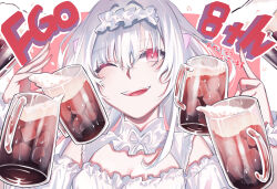 Rule 34 | 1girl, absurdres, alcohol, aro 16666, bare shoulders, beer, beer mug, blush, breasts, cleavage, cleavage cutout, clothing cutout, cup, dirndl, dress, fate/grand order, fate (series), frilled hairband, frills, german clothes, hairband, highres, long hair, looking at viewer, medium breasts, merlin (fate/prototype), mug, one eye closed, open mouth, red eyes, scrunchie, smile, solo, translation request, white dress, white hair, wrist scrunchie