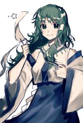 Rule 34 | 1girl, blue skirt, chinese commentary, closed mouth, collared shirt, commentary request, cowboy shot, detached sleeves, frog hair ornament, green eyes, green hair, hair ornament, heinrich (fernanderuddle), highres, kochiya sanae, long hair, shirt, simple background, sketch, skirt, sleeveless, sleeveless shirt, smile, solo, star (symbol), touhou, white background, white shirt, white sleeves