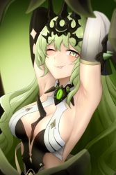 Rule 34 | 1girl, armpits, arms behind head, asymmetrical gloves, bare shoulders, black dress, black gloves, breasts, cleavage, closed mouth, crown, dress, gloves, green background, green eyes, green hair, highres, honkai (series), honkai impact 3rd, long hair, mismatched gloves, mobius (honkai impact), one eye closed, single sleeve, sleeveless, sleeveless dress, solo, sphere-stc, tongue, tongue out