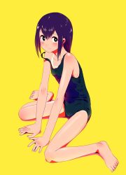 Rule 34 | 1girl, arm support, barefoot, black eyes, black one-piece swimsuit, blush, feet, full body, hair between eyes, highres, off shoulder, one-piece swimsuit, one-piece tan, original, purple hair, school swimsuit, shokubai phantom girl, simple background, sitting, solo, swimsuit, tan, tanline, toes, wariza, yellow background