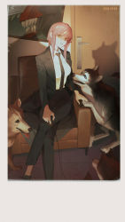 Rule 34 | 1girl, absurdres, animal, black necktie, black pants, braid, braided ponytail, business suit, chainsaw man, collared shirt, crossed legs, denji (chainsaw man), dog, door, formal, high-waist pants, highres, holding, holding leash, husky, indoors, leash, long coat, looking at viewer, makima (chainsaw man), medium hair, necktie, office lady, pants, red hair, ringed eyes, shirt, shirt tucked in, sidelocks, sitting, suit, syusuke0229, yellow eyes