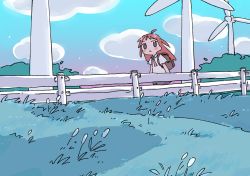 Rule 34 | 1girl, 1nupool, :o, ahoge, backpack, bag, blush stickers, cloud, grass, highres, long hair, necktie, original, outdoors, railing, red hair, school uniform, sky, solo, two side up, wind turbine, windmill