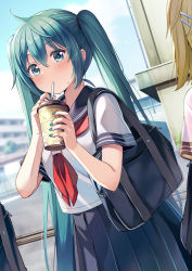 Rule 34 | 2girls, alternate costume, aqua eyes, aqua hair, bag, banned artist, black bag, black skirt, commentary, cup, hatsune miku, highres, kagamine rin, long hair, looking at viewer, multiple girls, neckerchief, outdoors, pleated skirt, red neckerchief, school uniform, short sleeves, shoulder bag, skirt, solo focus, standing, symbol-only commentary, twintails, very long hair, vocaloid, window, yuuka nonoko