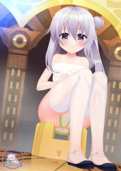 Rule 34 | absurdres, ass, bad id, bad pixiv id, bare shoulders, bathhouse, breasts, censored, highres, legs, long hair, naked towel, purple eyes, purple hair, shoes, sitting, sitting on object, small breasts, towel, warship girls r, white legwear, zzsqg